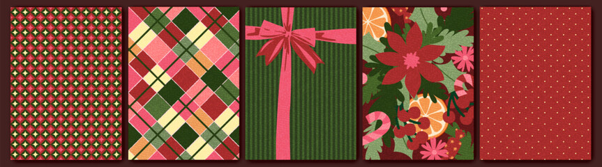 Fototapeta na wymiar Merry Christmas, New Year holiday pattern set, background in retro vintage, cottage core style. Traditional, classic Christmas design. Plaid , lined, dotted, botanical ornaments. 