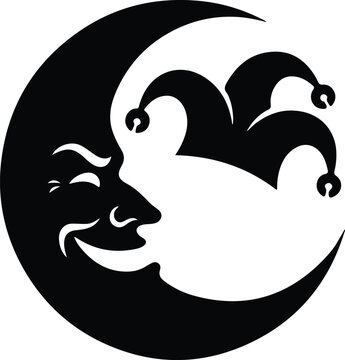 Jester Face in Crescent Moon Silhouette,
Playful black and white jester profile emerging from a crescent moon, combining carnival character, fantasy, humor, and whimsical symbolism.
