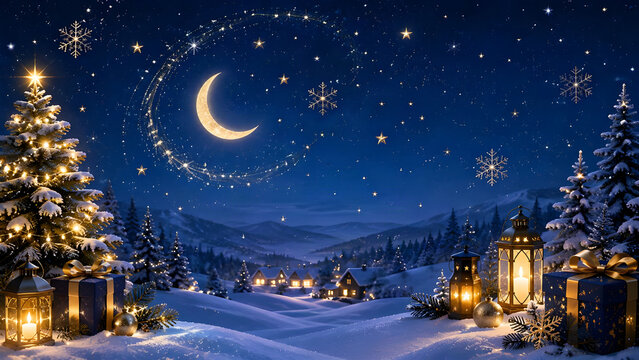 Magical winter landscape with snowy fir trees and crescent moon in starry night sky