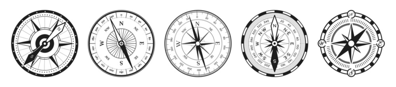 Vintage nautical compass rose icon set with cardinal direction symbols, on transparent background.
