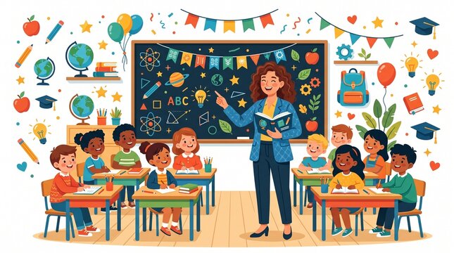 Happy International Teachers' Day Celebration with Teacher and Students, Cheerful Classroom Learning, Education, Appreciation, School Community and Teacher Student Bonding Vector Illustration