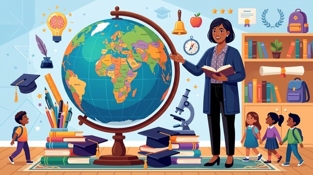 Teacher and Students Holding Globe for Education, Geography, Global Community, World Travel and Environmental Awareness Concept