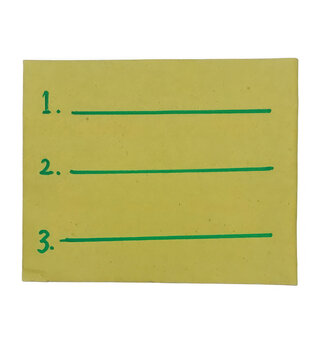 Yellow sticky note with a numbered list written in green marker ink isolated on transparent background