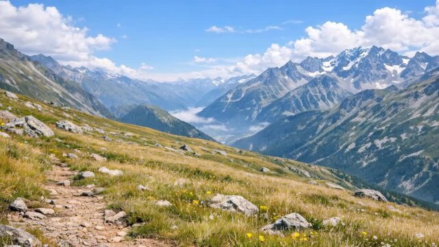 Woman Trail Running on a Rocky Path in a Scenic Mountain Range