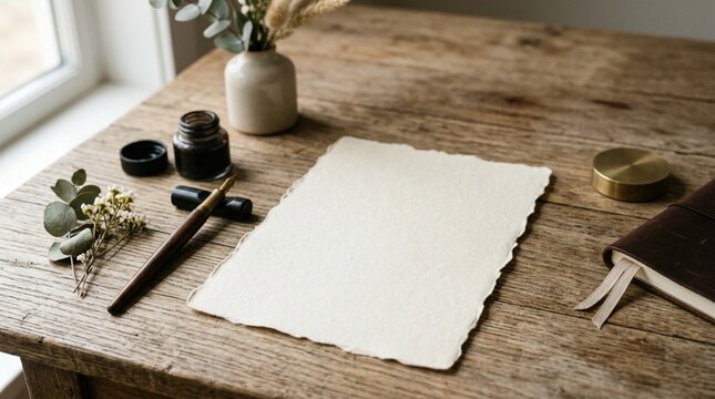 Vintage writing desk with ink, pen, paper, and dried flowers
