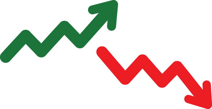 Financial stock market arrows showing growth and loss. Green rising arrow and red falling arrow icons. Business trend data visualization vector.