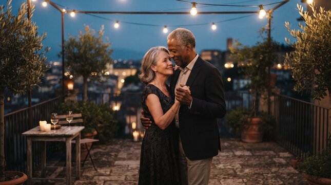 Elderly interracial couple dancing romantically on a balcony at dusk