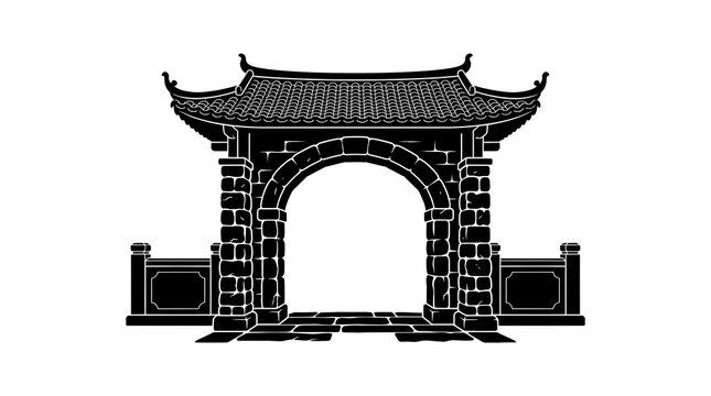 Black and white silhouette of a historic Chinese-style stone gate with an archway and a traditional tiled roof.