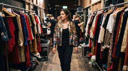 Fototapeta premium Woman in sequined jacket walking through backstage costume racks
