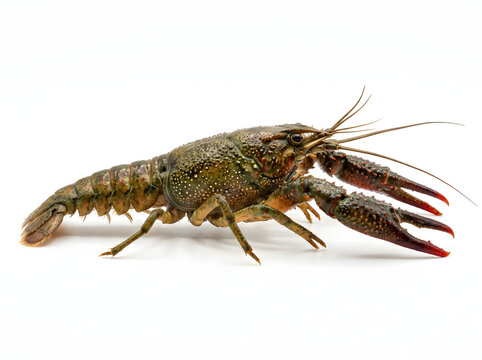 A single live freshwater crayfish isolated on a clean white background for culinary or biological study