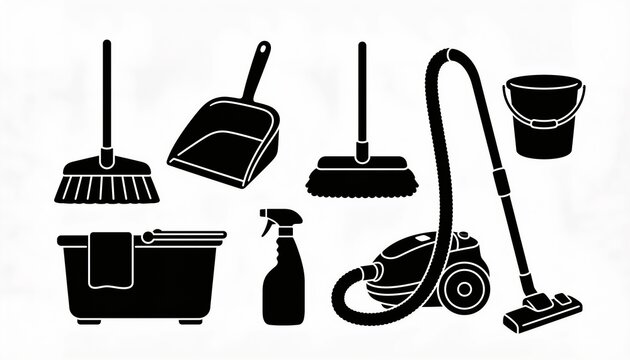 cleaning tools set, broom, dustpan, mop, vacuum cleaner, bucket, spray bottle, housekeeping equipment, sanitary supplies, flat black vector silhouette icons, housekeeping service, clean hygiene graphi