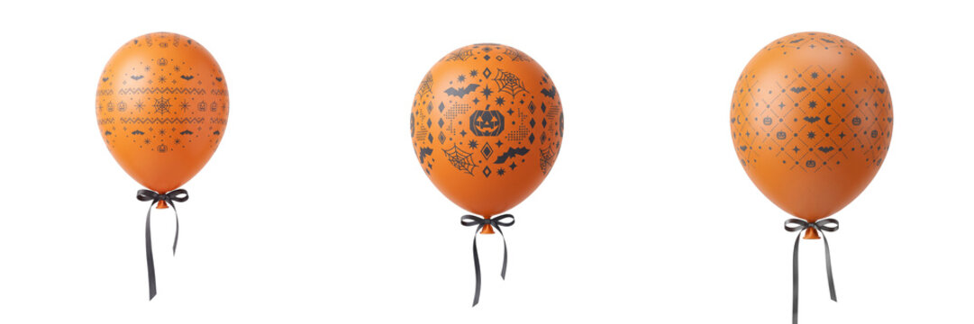 Three orange Halloween balloons with black patterns and ribbons isolated on a transparent background