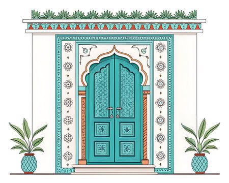 Indian courtyard entrance with turquoise double door, minimal vector style, clean decorative border