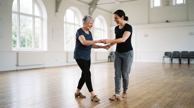 Senior woman happily learning to dance with an instructor in a bright studio