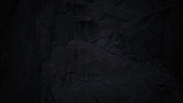 dark collapsed cave floor strewn debris, broken stones and toppled beams, low ambient light and haunting silence suggesting aftermath and search operations.