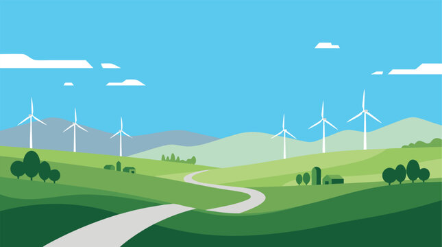 Green landscape with wind turbines and a winding road vector illustration