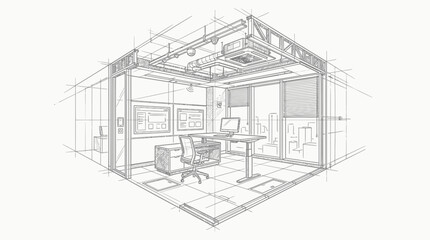 Fototapeta premium Architectural sketch depicting a modern office interior with a desk, computer, and office chair, shown in two-point perspective with visible vanishing lines.