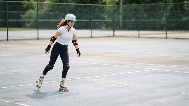 Young woman in protective gear enjoys roller skating on an outdoor court