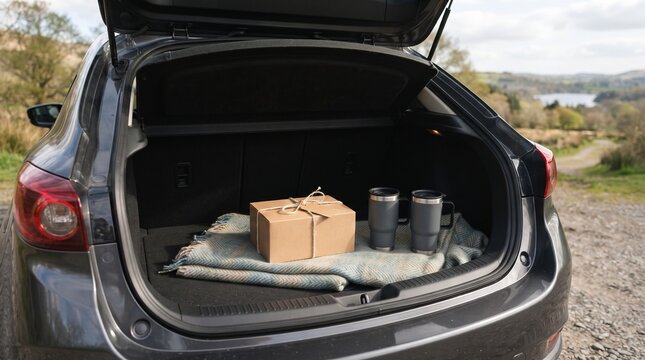 Car trunk packed for a picnic with a gift box and travel mugs