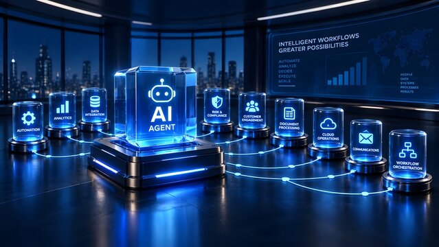 Artificial intelligence agent system in modern office with digital nodes for intelligent workflows, data integration, automation, and document processing