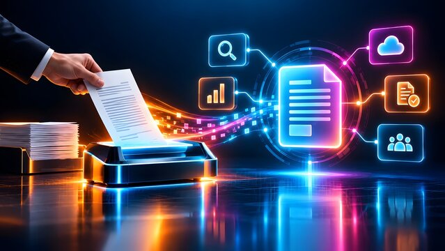 Business person hand scanning a physical document that transforms into glowing digital data streams for automated cloud workflow and team collaboration