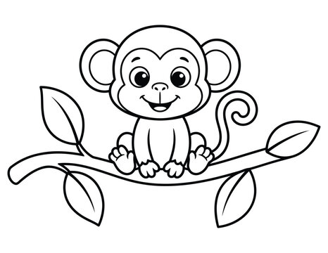 A delightful coloring page featuring an adorable baby monkey happily sitting on a leafy branch perfect for kids of all