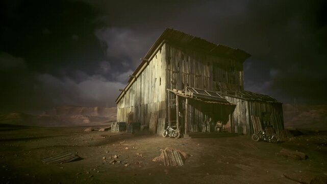 Desolate weathered barn under stormy sky, isolated wooden structure leaning on cracked foundation, surrounding barren soil strewn with rocks, dramatic lowangle