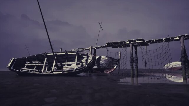 Night salvage lift with suspended trawler under purple sky, ropes and pulleys cast stark silhouettes, wet sea below and dramatic cinematic lighting suggest