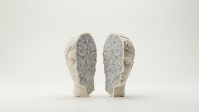 Surreal marble head sculpture split in half, classical stone bust with internal brain pattern, conceptual art of human mind and psychology
