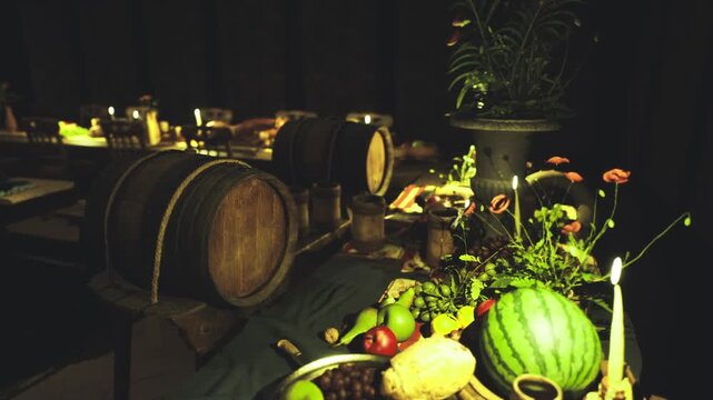 Candlelit seasonal vignette with fruit centerpiece on woven runner, ceramic pots and brass candleholders, lowfocus banquet rows in background for cozy event