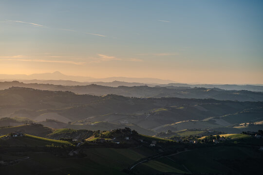 Marche, spectacular view and sunset on the Marche hills from the Ripatransone viewpoint. 2026