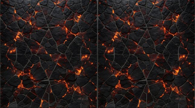 Molten lava texture with glowing magma cracks, dark volcanic rock surface, fiery basalt stone background for gaming and fantasy design