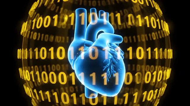 Human heart pulsing with glowing binary code sphere in digital space