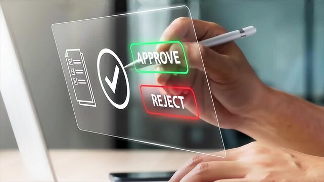 Man hand holding stylus pointing at approve reject button document checklist hologram, representing digital workflow approval, business decision process and compliance technology concept