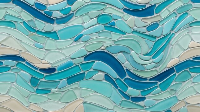 Mosaic glass tile pattern, blue sea wave texture, abstract ocean water background, decorative ceramic wall art for bathroom interior