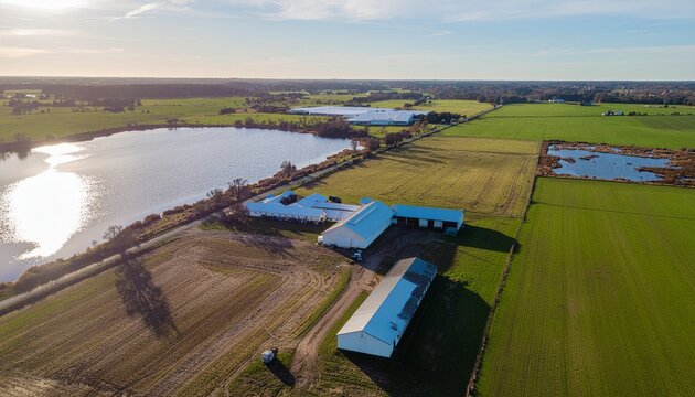 Aerial view of a peaceful rural farm landscape with a large reflective pond and green agricultural fields