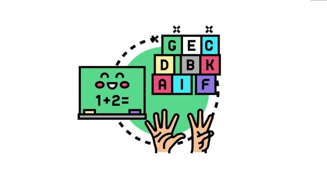 Educational concept depicting hands counting, a chalkboard with a simple addition problem, and alphabet blocks, symbolizing learning math and language skills for knowledge development