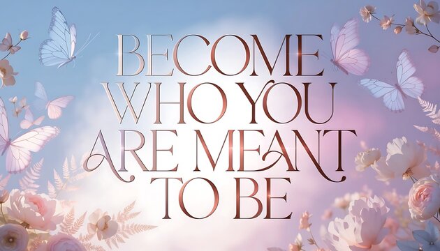 Become Who You Are Meant To Be Inspirational Quote with Butterflies and Flowers Keywords: inspirational quote, become who you are meant to be, typography, lettering, text, message, motivation