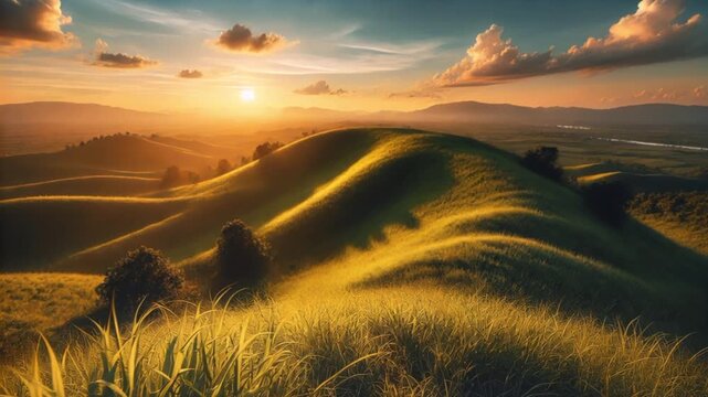Video of lush grassy hill glows beneath warm golden sunlight during a peaceful countryside sunset