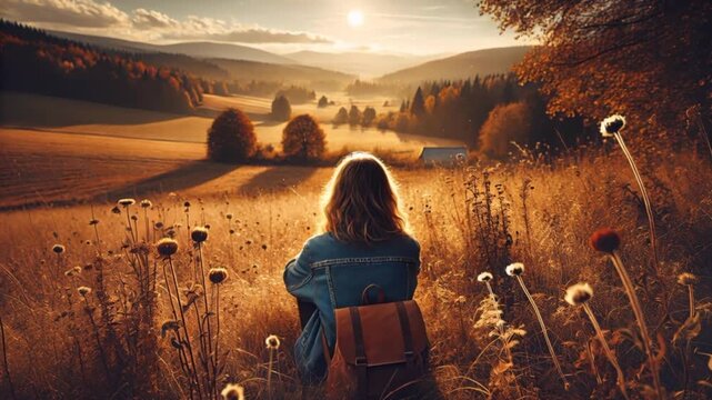 Video of woman sits quietly in an autumn wildflower meadow with backpack, reflecting in solitude