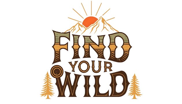 Find Your Wild text with mountains sun and trees on white background typography lettering