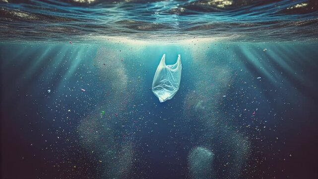 Video of plastic bag drifts underwater among microplastic particles, illustrating marine pollution and contamination