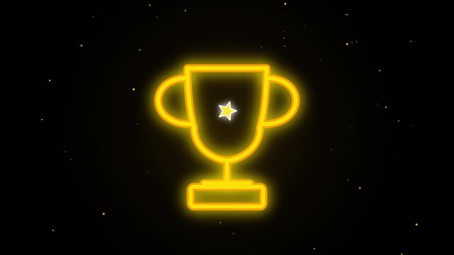 Golden trophy with star glowing on dark background with particles.