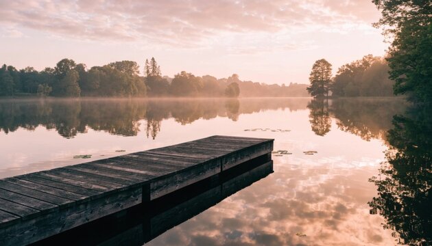 Peaceful sunrise illuminating a tranquil lake in a park featuring a wooden dock and serene water reflections framed by vibrant greenery