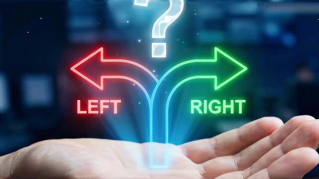 Business executive holding digital hologram interface featuring question mark and diverging arrow, representing strategic business decision making, risk assessment, and alternative direction choice.