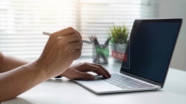 Hand pointing stylus at digital holographic document approval interface above laptop. Corporate enterprise compliance workflow automation processing secure business contract verification.