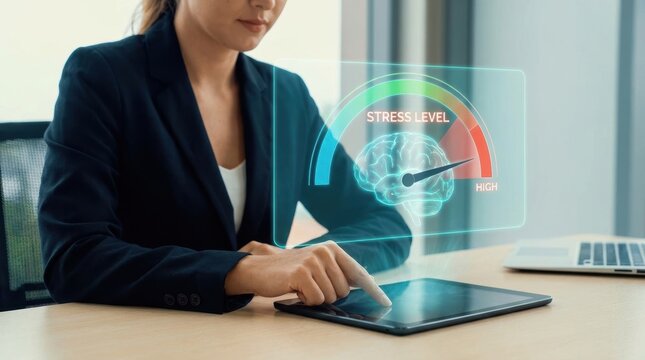 Professional woman monitoring high stress level via digital holographic interface.