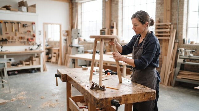 Woman artisan crafting a wooden stool in a bright, well-equipped workshop