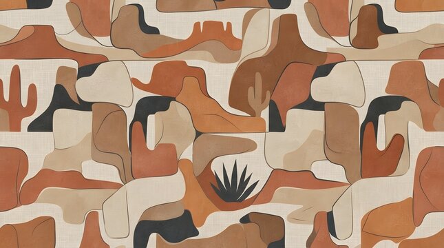 Boho desert landscape pattern, abstract southwest canyon wallpaper, earthy terracotta and beige cactus art for textile design