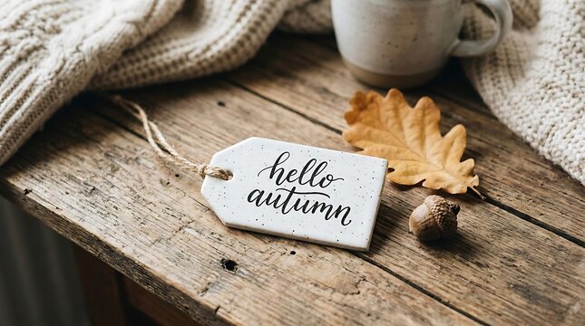 Hello autumn tag on rustic wooden table